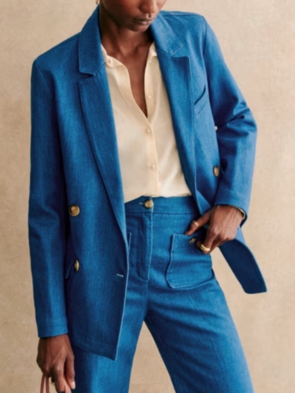 SEZANE NWT Blue Denim Cotton Double Breasted Lapels Blazer Christie Suit Jacket - Picture 4 of 17